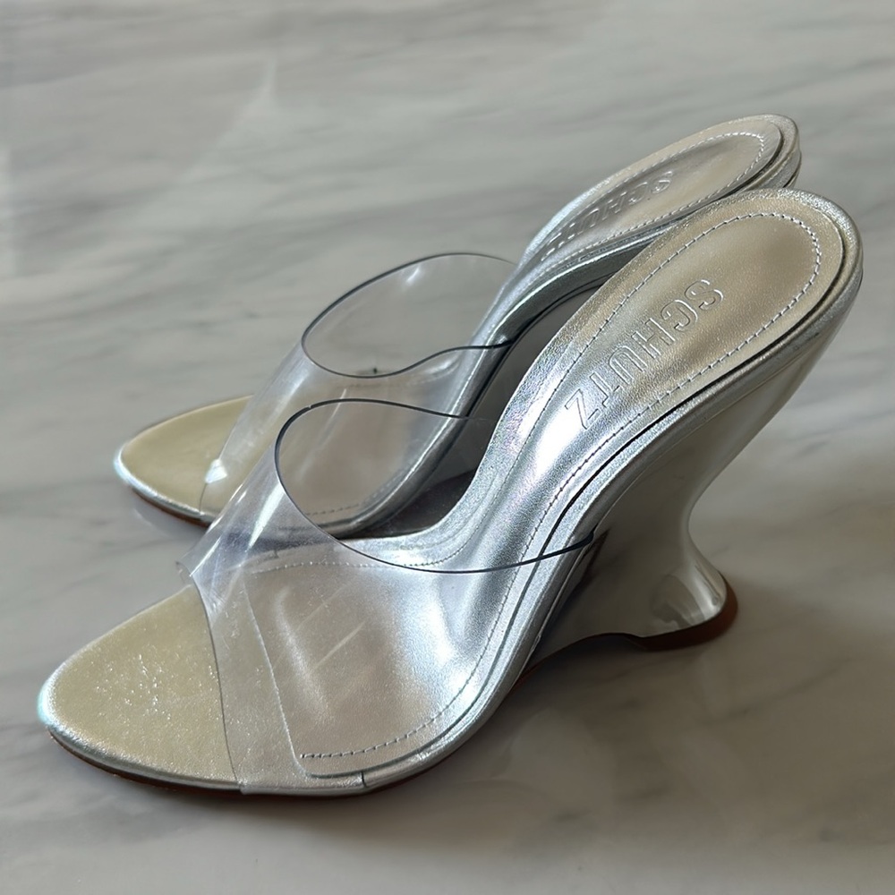 💖Brand New Schutz Aprill Vinyl Silver Clear PVC Wedge Heels💖